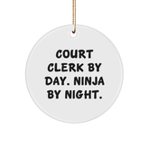 Court Clerk Gifts from Friends - 'Court Clerk By Day. Ninja By Night.' Circle Ornament for Christmas - Image 1